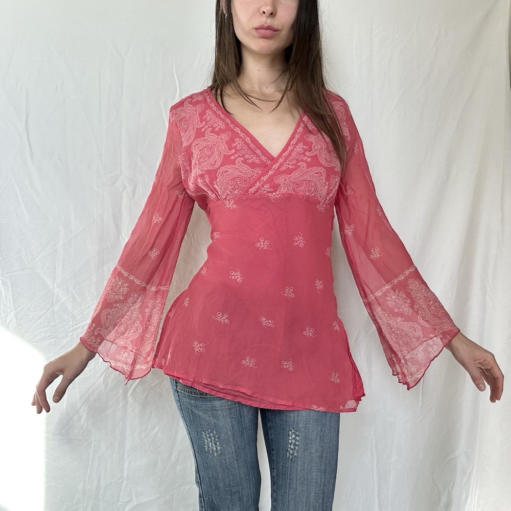 2000s Forenza 100% Silk Babydoll Top Pink Bell Sleeve Floral Fairy Boho Whimsy